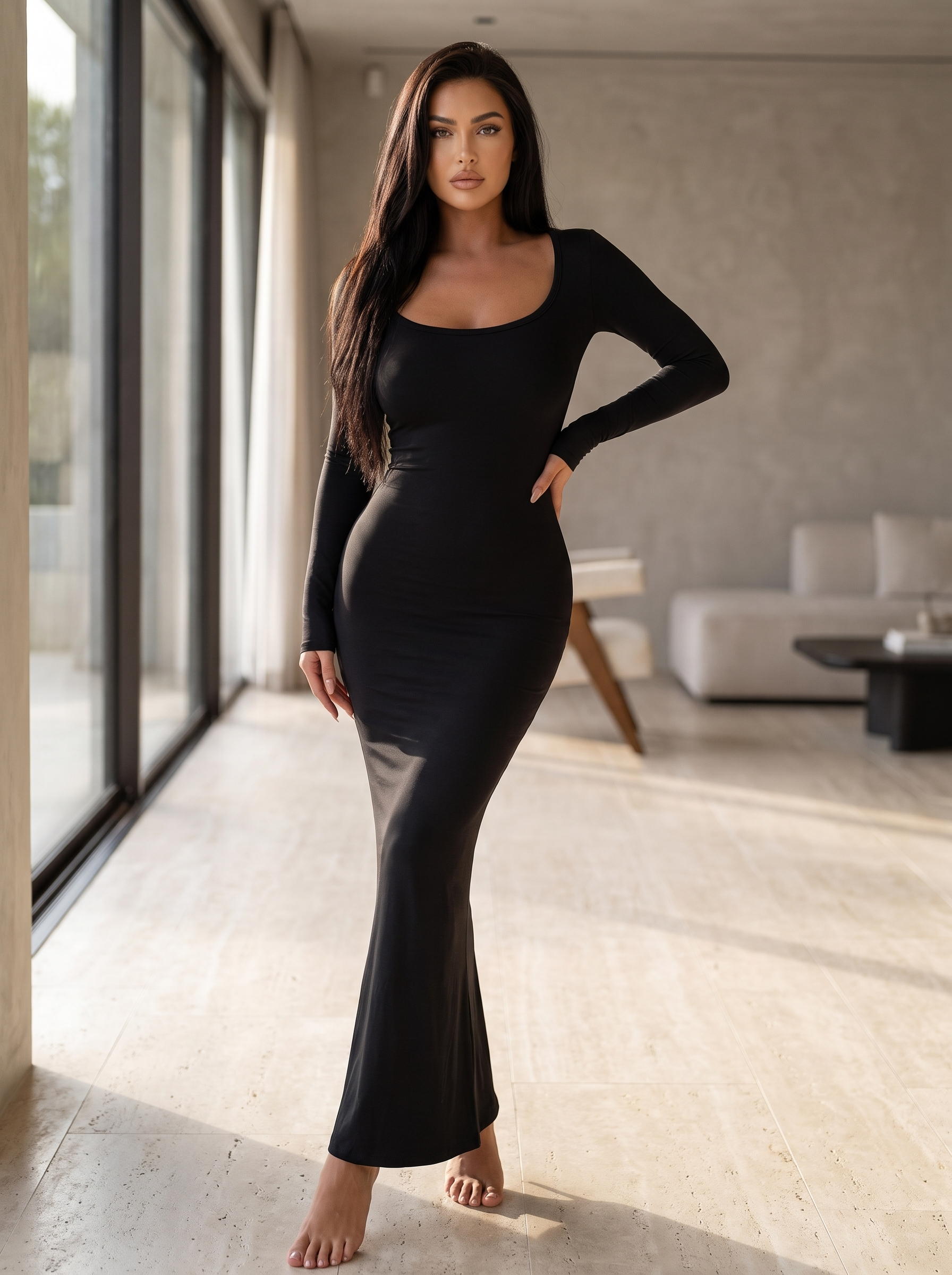 Vestido Esencia negro, vista tres cuartos con mano en la cadera junto a ventanal